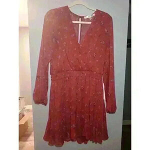 Row A -  Smocked Long Sleeve‎ Chiffon Minidress, Large - Burgundy Floral Lined